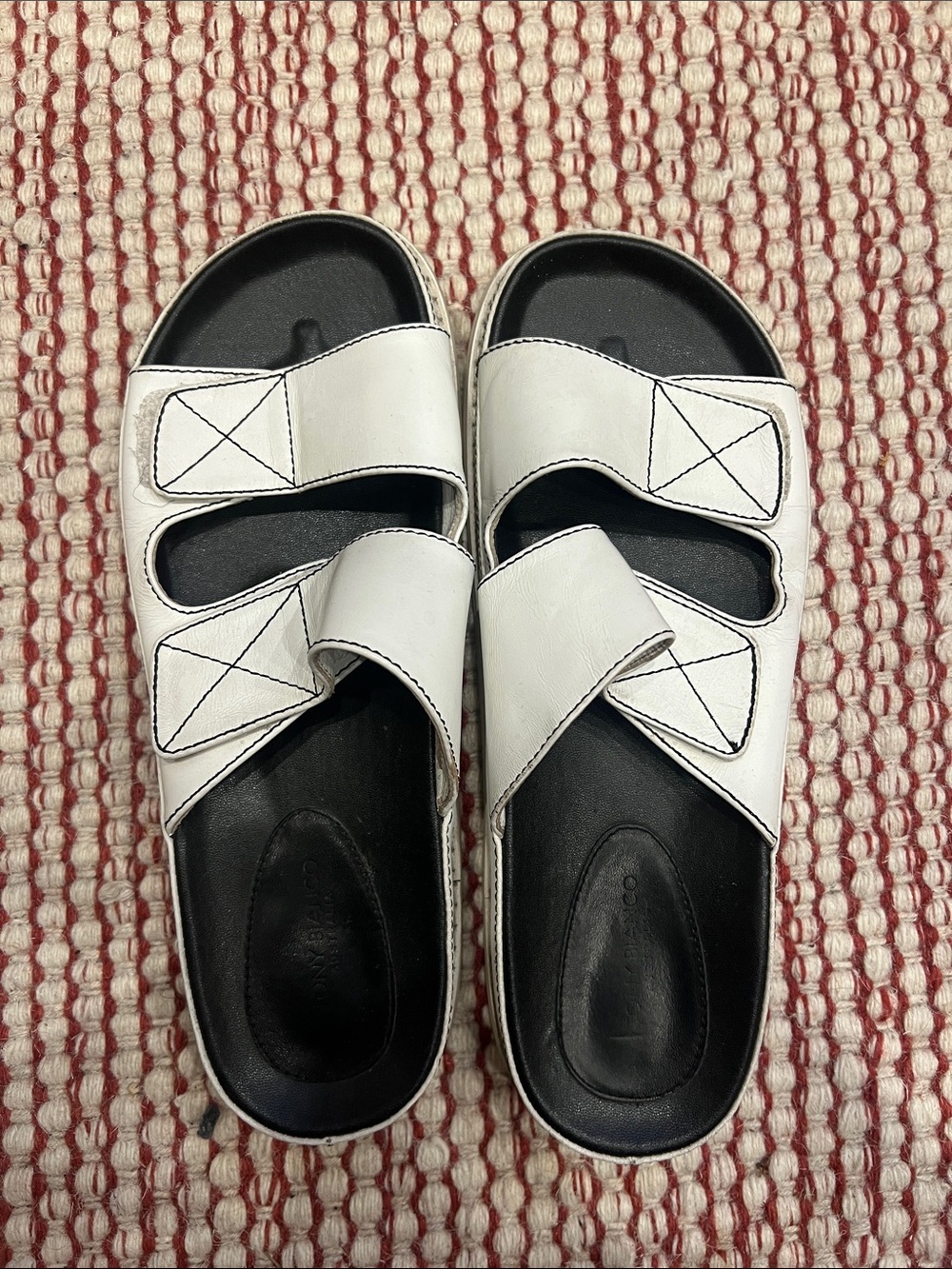 Tony Bianco White and Black Double Strap Slide Sandals